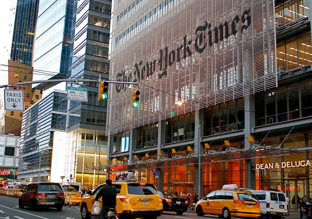 New York Times Building yellow cab